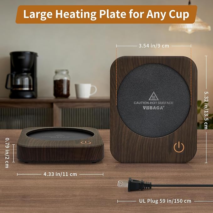 VOBAGA Coffee Mug Warmer for Desk with Auto Shut Off & 3-Temp Settings, Coffee Cup Warmer with Smart Safety Alert Home Office Accessory, Perfect for Coffee, Tea, Milk (Wood)