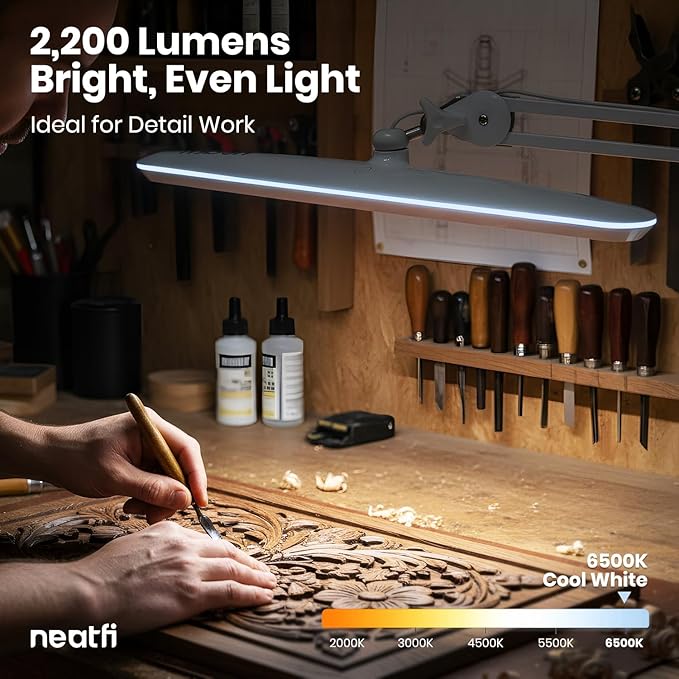 Neatfi XL 2,200 Lumens 24W LED Desk Lamp – 23” Wide Shade | Dimmable Eye-Caring Task Light | Adjustable Arm | Home Office, Study, Crafts & Nail Tech (White, Non-CCT with Clamp)