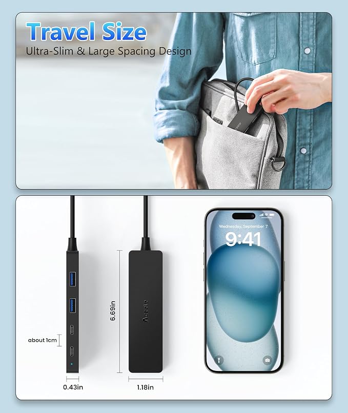 Aceele USB Hub 3.0 Splitter with 2 USB-C and 2 USB-A, 4 Ports Ultra-Slim Multiport Expander Adapter with 4ft Extension Long Cable Cord, USB Extender for Desktop, Computer, PC, Laptop, iMac and More