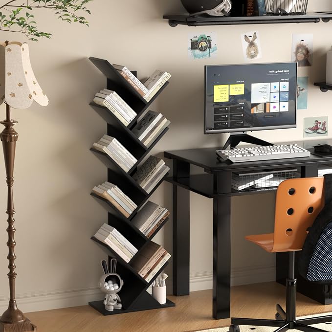 SHEEPAM 10 Tier Tree Book Shelf, Floor Standing Wood Bookshelf for Narrow Space, Storage Organizer Bookshelves for Books/CDs/Magazine, Bookcase with Shelves for Home Office, Living Room - Black