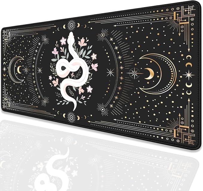 Mysterious Starry Sky Moon and White Snake Pattern Large Extended Gaming Mouse Pad E-Sports Office Desk Mat Keyboard Pad Rubber Non-Slip Computer Mouse Mat Suitable for Home Office Work(27.5X11.8 in)