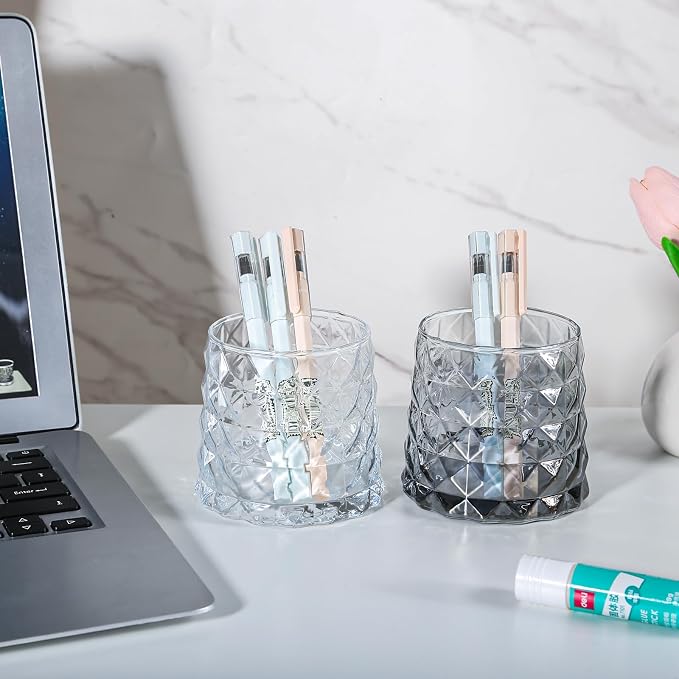 DASITON Glass Makeup Brush Holder Organizer, Diamond Pattern Cosmetic Storage Cup, Makeup Organizer for Vanity, Bathroom Countertop Toothbrush Holder, Desk Pen Pencil Holder (Amber)
