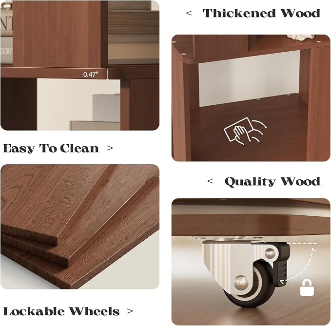 6 Tier Solid Wood Rotating Bookshelf Tower on Wheels, 360° Upgrade Spinning Book Shelf, Revolving Bookcase Organizer, Swivel Bookshelves for Small Spaces, Corner, Bedroom, Kids Room, Office (Brown)