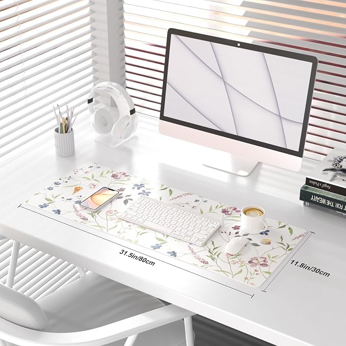QIYI Floral Mouse Pad, Large Desk Mat for Desktop, Women Girls Watercolor Flowers Office Décor Desk Accessories, PU Leather Waterproof Gaming Mousepad, Wildflowers Desk Pad Computer Mat, 31.5" x 11.8"