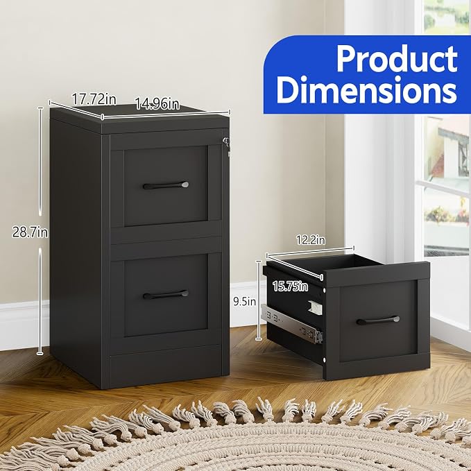 Small Metal 2-Drawer File Cabinet, Under-Desk Filing Cabinet, Black | Locking, Adjustable Hanging Rail, Fit A4, FC, Letter, Hanging File Folders for Home Office Storage Organization, 2PS