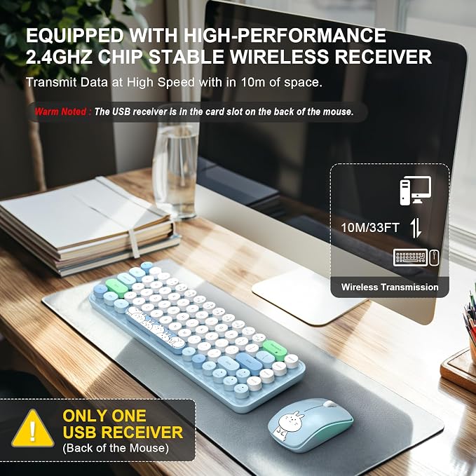 FOPETT Wireless Keyboard and Mouse Cute Mouse and Keyboard 2.4G Wireless Keyboards with Colorful 68 Keys Typewriter Retro Round Keycap for PC, Laptop,Tablet,Computer Windows - Blue Colorful