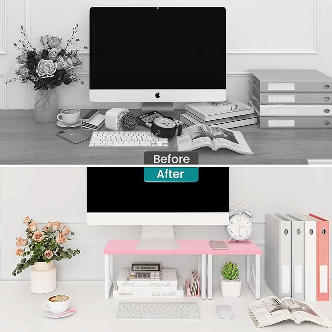 ELITEROO Desktop Shelf, 2 Tier Independent Stackable Desk Stand, Adjustable Freestanding Table Top Mini Bookshelf, Aesthetic Storage Organizers for Women/Girls/Daughter, Pink