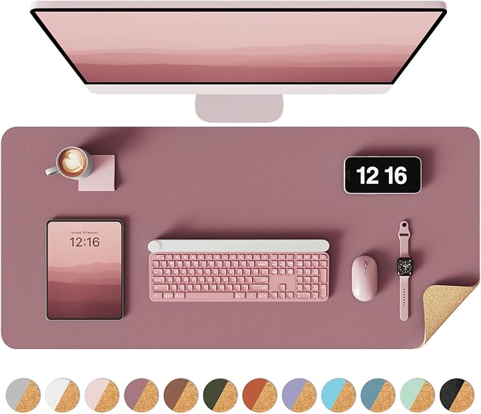 YSAGi Double-Sided Desk Pad, 31.5"x15.7"Leather Desk Mat, Eco Cork Desk Pad Protector,Large Mouse Pad,Waterproof Desk Blotter for Office/Home(Dark Pink)
