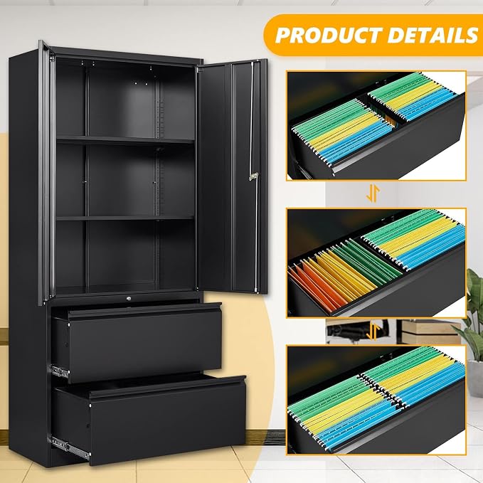STANI 2 Drawer Lateral File Cabinet - Metal Storage Cabinet with Locking Drawers for Letter/A4 Size Files (Black)