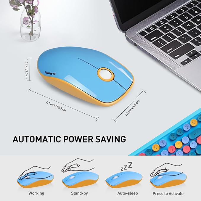 FOPETT Wireless Keyboard and Mouse Combo, 105 Keys Full-Sized 2.4 GHz Round Keycap Colorful Keyboards, USB Receiver Plug and Play, for Windows, Mac, PC, Laptop, Desktop (Blue Colorful)