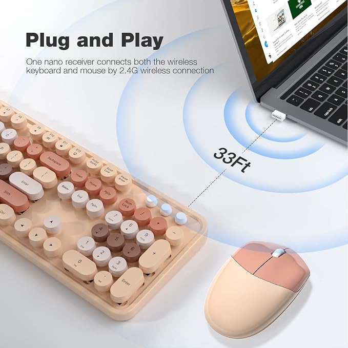 Dilter Wireless Keyboard and Mouse Combo, 104 Keys Full-Sized 2.4 GHz Round Keycap Colorful Keyboards, USB Receiver Plug and Play, for Windows, PC, Laptop, Desktop (Milk Tea)
