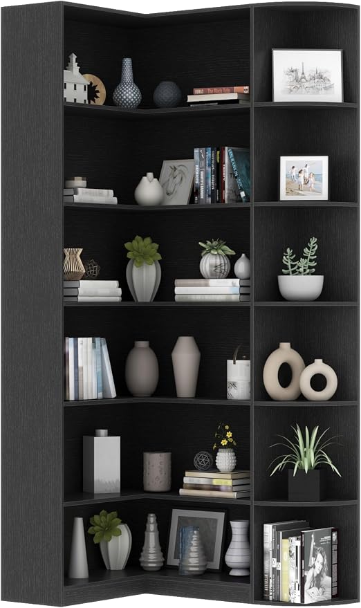 Loomie Black Book Shelf, 6 Tiers Shelf Large Tall Corner Etagere Bookcase with Full Baffle, L-Shaped Modern Storage Display Industrial Bookshelves for Bedroom, Home Office, Living Room & Kitchen,Black
