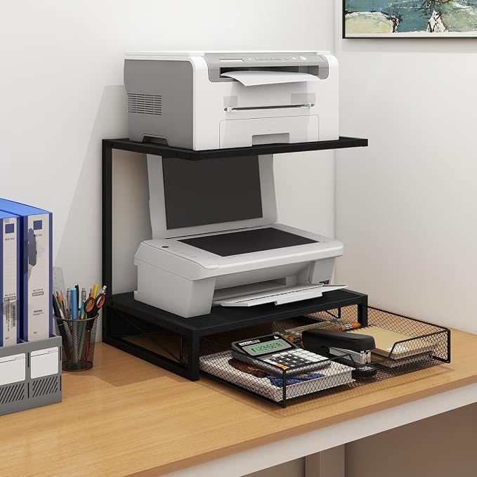 ELITEROO 2-Tier Printer Shelf with Drawers, Wooden Desk Organizer Shelf for Small Printers and Office Supplies, Desktop Storage Rack for Books, Folders, Scanner, Fax Machine, 3D Printer, Black