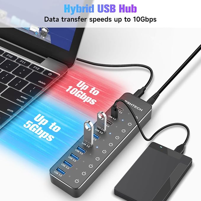 Powered USB Hub, RSHTECH 10-Port USB 3.2/USB C Hub 60W with 10Gbps USB-A 3.2, 2 USB-C 3.2, 7 USB 3.0 Ports, Individual Touch Switches and 3.3ft Cable, Hybrid USB Splitter for Laptop/PC, RSH-ST10C