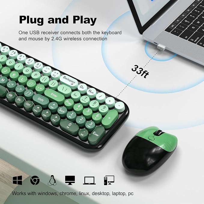 MOFII Wireless Keyboard and Mouse Combo, Compact Small Keyboard with Large Print, 2.4GHz Retro Typewriter Keyboard, Quiet Click Mouse for PC, Laptop, Desktop, Windows (Black Green Gradient)