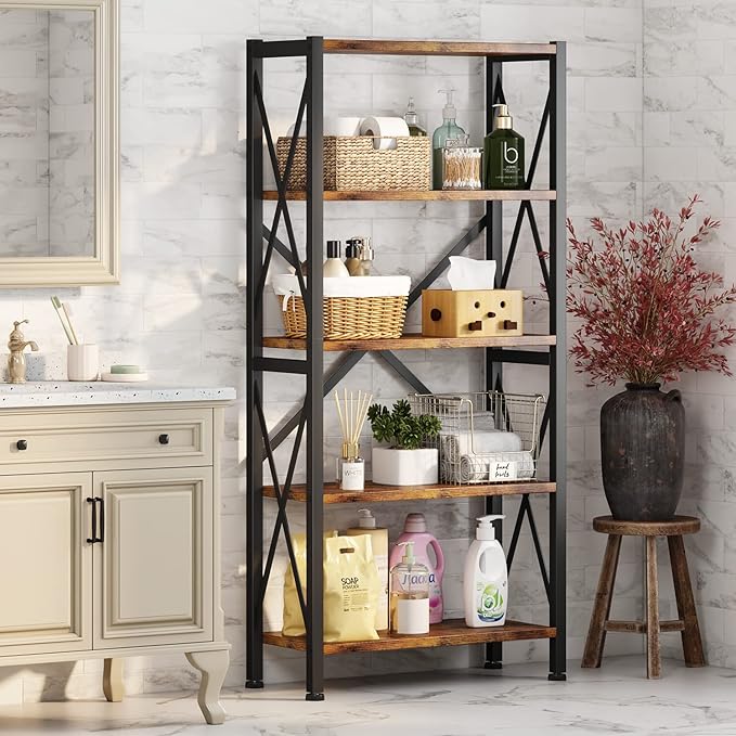 Homeiju 5-Tier Bookshelf,Wood Bookcase,Book Shelf with Steel Frame, Storage Rack with Open Shelves, Rustic Standing Bookshelves Ladder Shelf 110lbs/shelf for Bedroom,Living Room and Home Office