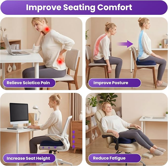 ZZ-WELL Seat Cushions for Office Chairs, Coccyx Cushion for Tailbone Pain Pressure Relief, Memory Foam Butt Pillows for Long Sitting, Patented Design, Extra Large & Thick, 21.2 Inches (Navy Blue)