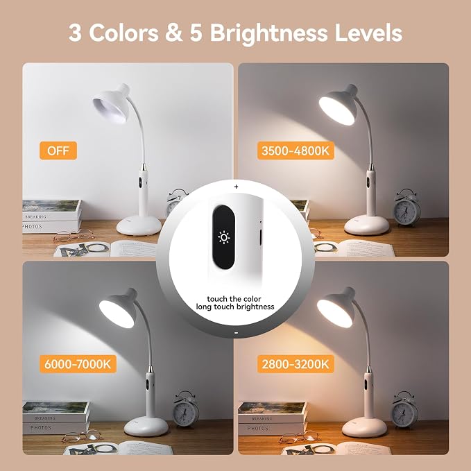 VAVOFO Eye-Caring Wireless Desk Lamp 6781-700 Lumens, 2700-7000K Adjustable Color Temperature, 360° Gooseneck, Touch Control & USB-C Charging, 2.5hrs Cordless Use (White)