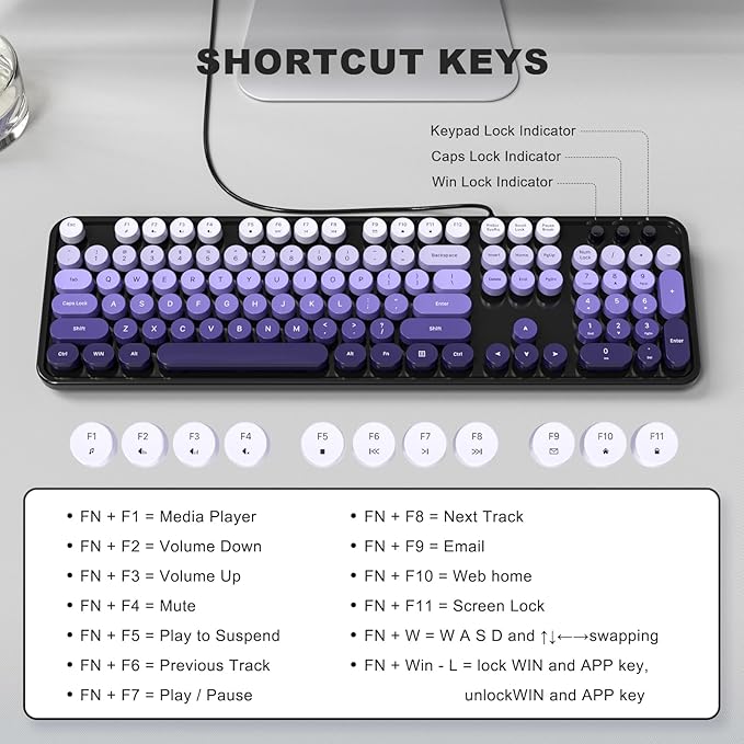 MOWUX Computer Keyboard Wired, Plug and Play USB Retro Round Typewriter Keyboard, Full Size Wired Keyboard with Foldable Stands for Laptop and Office PC- Black Purple Gradient