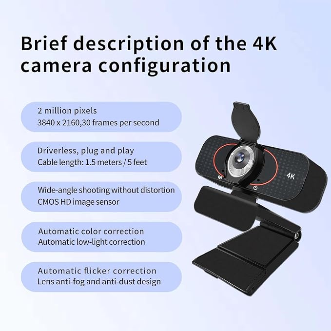 Webcam for pc, Camera for Computer/Laptop/Light Correction/Microphone, Web cam for Streaming/Gaming/Online Classes/Conferences/Video Callings,Updated HD 4K Webcam