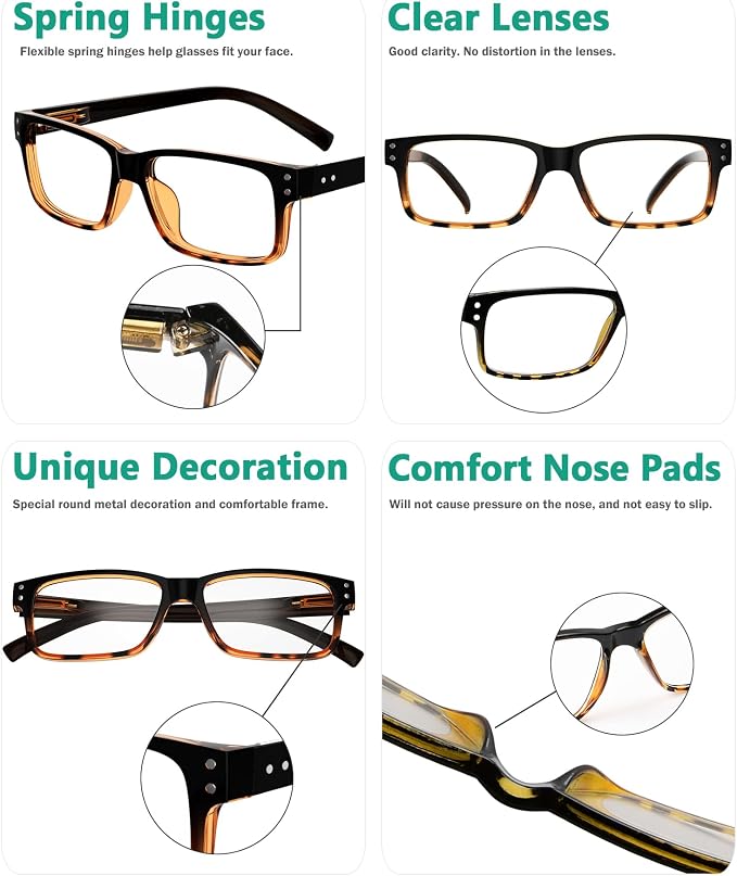 Eyekepper Vintage Reading Glasses for Men - 5 Pack Spring Hinges Classic Readers - Black-Tortoise Frame +2.00