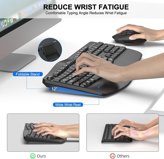 Wireless Keyboard and Mouse Combo, 2.4G Full Size Wave Keys Ergonomic Keyboard with Wrist Rest and 3-Level DPI Adjustable Wireless Ergonomic Mouse for Windows, Mac OS Desktop/Laptop/PC(Graphite)