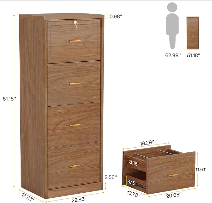 Tribesigns 4-Drawer File Cabinet with Lock, Locked File Cabinet with Key, Tall Wooden Filing Cabinets for Home Office, Vertical Office Storage for Legal Size/Letter/A4/Files, Brown