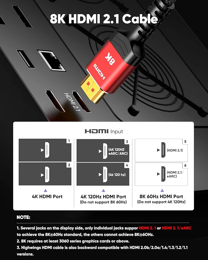Highwings HDMI Cables 10FT/3M 2-Pack, (HDMI 2.1) 10K 8K@60Hz 4K@120Hz 48Gbps HDMI Cord, Ultra High Speed Picture Quality Performance Cable, Braided, HDCP 2.2&2.3, eARC, Ease of Installation