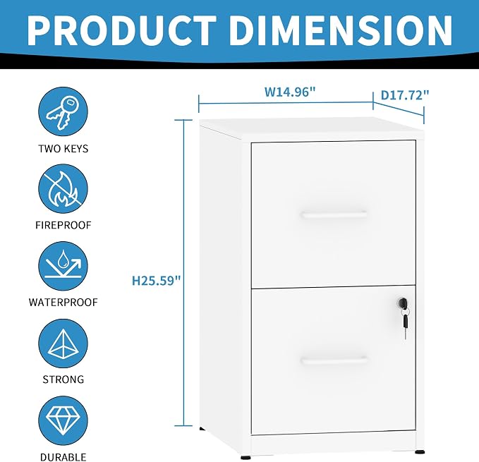 2 Drawer File Cabinet with Lock, Steel Vertical Filing Cabinets for Home Office, Small Metal Storage Cabinet for Hanging Letter Size File Folders, Assembly Required(White)