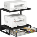 ELITEROO 2-Tier Printer Shelf with Drawers, Wooden Desk Organizer Shelf for Small Printers and Office Supplies, Desktop Storage Rack for Books, Folders, Scanner, Fax Machine, 3D Printer, Black
