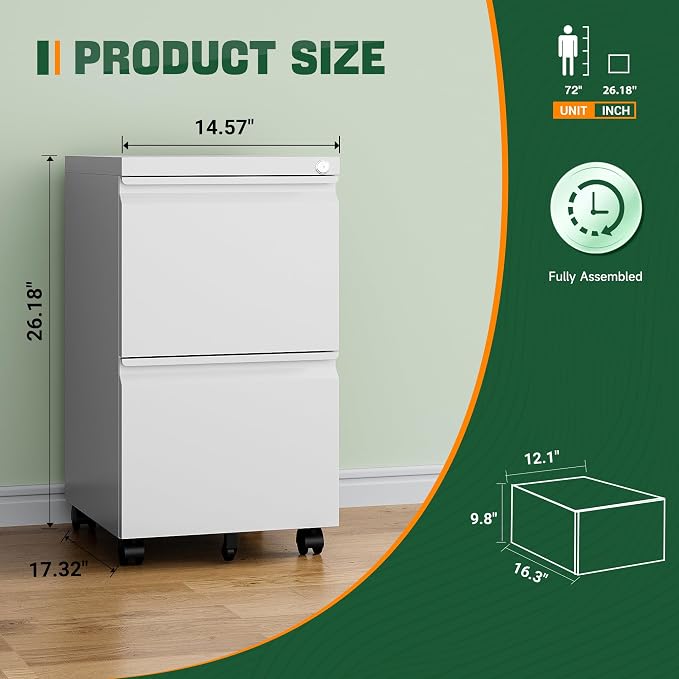 Letaya 2 Drawer Mobile File Cabinet with Lock,Under Desk Metal Filing Cabinets for Home Office Organizer Letters/Legal/A4(Fully Assembled-White)