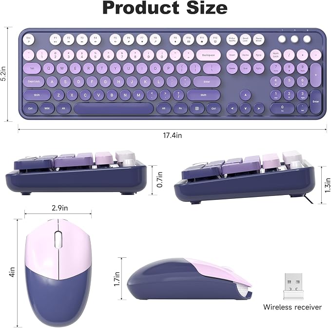 Dilter Wireless Keyboard and Mouse Combo, 104 Keys Full-Size Typewriter Keyboards, 2.4 GHz USB Receiver Plug and Play for Windows 7 8 10 11, PC, Laptop, Desktop (Purple)