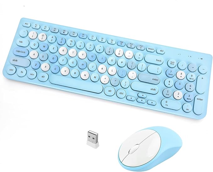 Wireless Keyboard and Mouse Combo, Retro Typewriter Keyboard with Round Keycaps, 2.4GHz USB Cute Wireless Keyboard Mouse for Computer, Desktop, Laptop (Blue Colorful)