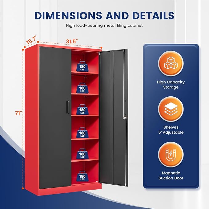 Yizosh Metal Garage Storage Cabinet with 2 Doors and 5 Adjustable Shelves - 71" Steel Lockable File Cabinet,Locking Tool Cabinets for Office,Home,Garage,Gym,School (Red Black)