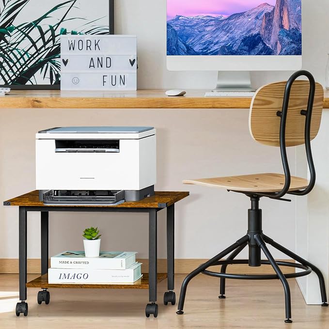 Lerliuo Under Desk Printer Stand, 2-Tier Industrial Mobile Printer Table with Storage Shelf and Steel Frame, Rolling Printer Cart Holder with Lockable Wheels for Home, Office (Rustic Brown)