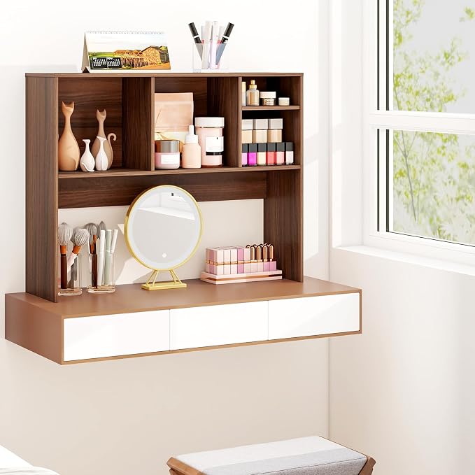 LDAILY Desktop Bookshelf, 2-Tier Office Desk Shelf Organizer Desk Hutch with 4 Shelves, 37’’L Wood Storage Rack Display Shelf for Computer Desk, Office, College Dorm, Bedroom (Walnut)