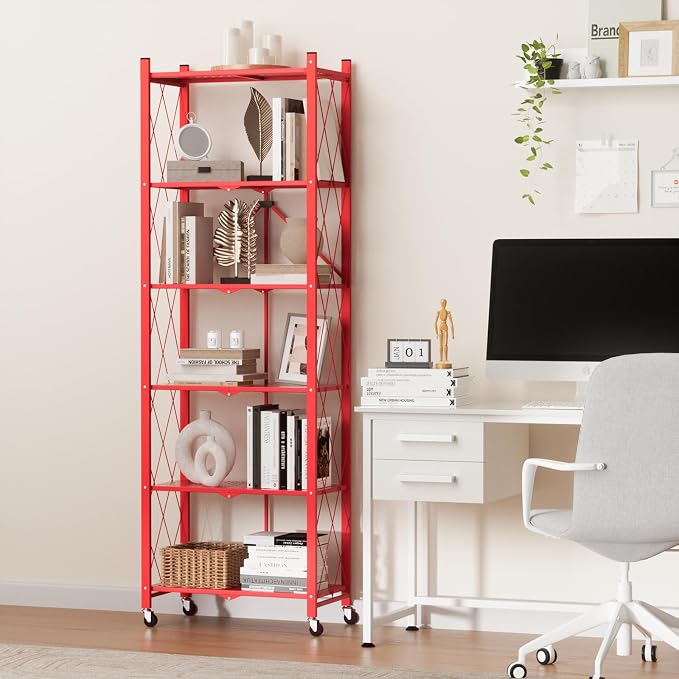ALANNG 73.6 Inch Folding Bookshelf, 6 Tier Metal Bookcase and Bookshelves, Tall Shelves for Living Room Office Bedroom, Heavy Duty Book Shelve Free Standing Open (Red, 2PACK)