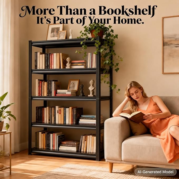 Modern Metal Book Shelf, Display Black Bookshelf, Bolt-Free Metal Storage Shelves for Books CDs, Adjustable Bookshelf in Living Room, Bedroom, Kitchen, Home, Office, 15.7" W x10 D x22 H