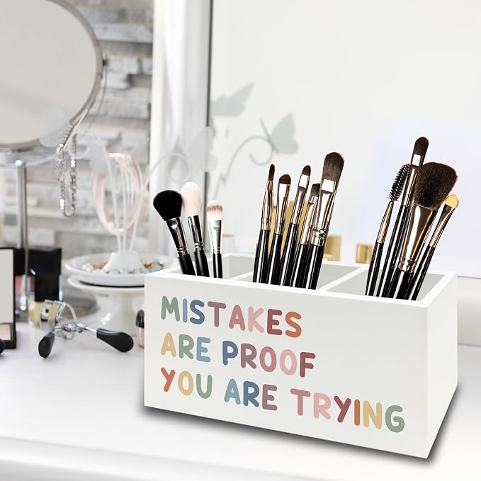 Boho Inspirational Pen Pencil Holder Organizer for Desk, Positive Inspirational Gifts, Mistakes are Proof You are Trying Motivational Wooden Box Sign for Classroom Desk Tabletop Decorations