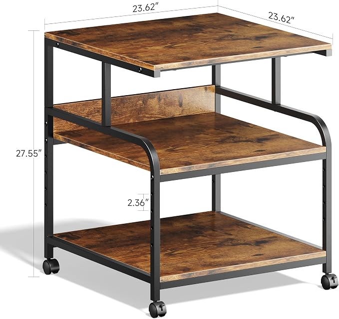 Warmiehomy 24x24 inches Printer Stand with Adjustable Storage Shelf - Large Printer Table with Wheels - 3 Tier Rolling Cart - Use for 3D Laser Printer Mini Fridge Home Office (Brown)
