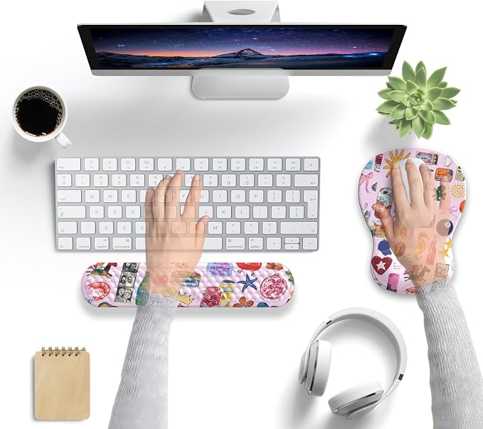 Cute Mousepad with Wrist Rest for Computer Keyboard Mouse Pad Ergonomic Pink Kawaii Mousepad, Best Desk Decor Office Girls Pink Desk 2-in-1 Wrist Support Mouse Pad, Soft Gel Material Anti Slip Bottom