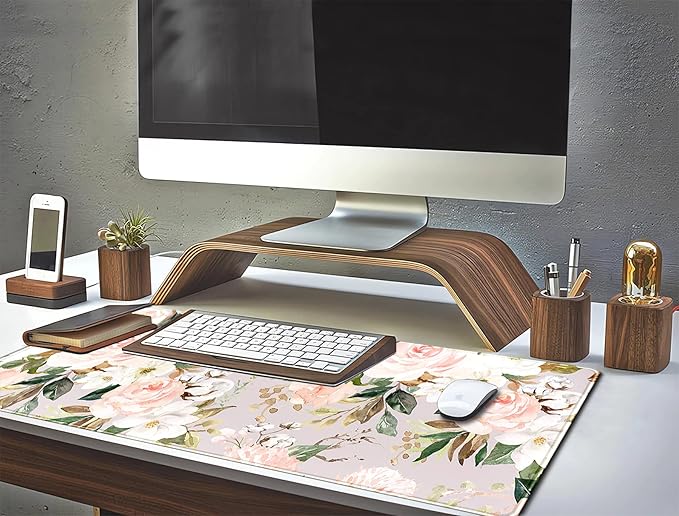 Pink Flowers Keyboard Pad PC Gaming Desk Mat Desk Mouse Pads Green Leaves Floral Mouse Pad Large, Computer XL Big Mousepad Deskpad Mat with Stitched Edge for Women Home Office Decor 31.5x11.8 in