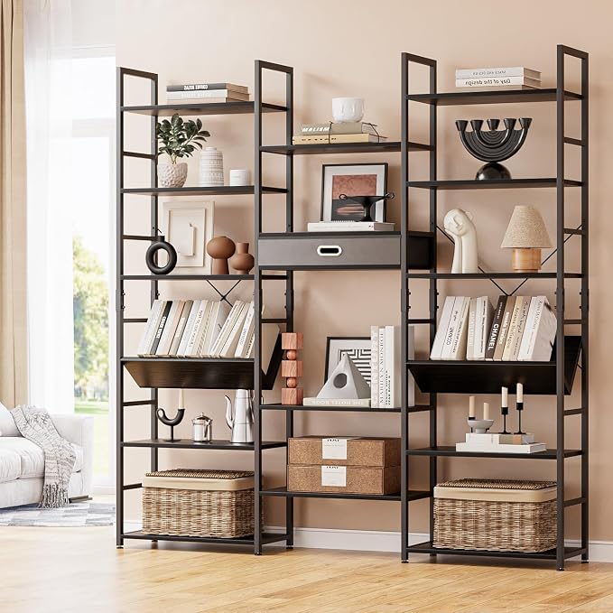 NUMENN Bookcases and Bookshelves Triple Wide 6 Tier Bookshelf, Large Etagere Bookshelf with Storage Drawer, Adjustable Open Display Shelves for Living Room Bedroom Home Office, Black