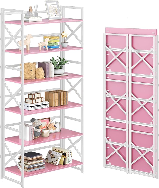 4NM 6 Tiers No Assembly Book Shelves, 61.8" H Folding Bookshelf Bookcase Open Industrial Foldable Shelves for Bedroom, Living Room, Home Office - Pink White