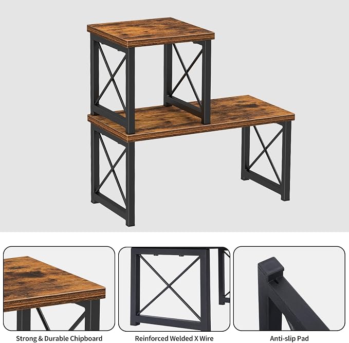 Honiter Desk Shelf Organizer, Desk Shelf for Top of Desk, 2 Tier Adjustable Small Bookshelf Organizer, Freestanding Stackable Desktop Stand, Kitchen Counter Display Rack, Rustic Brown