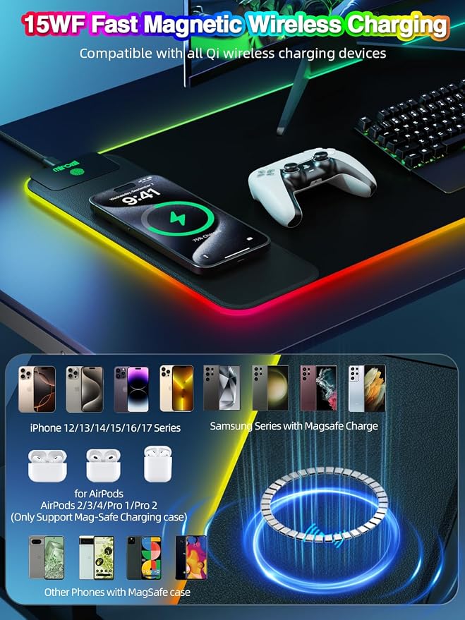 Magnetic Charging Mouse Pad, 31.5x11.81 Inch XL Gaming Mousepad, 11+5 RGB Lighting Modes, Home Office Large Desk Pad with Ultra-Smooth Surface, Non-Slip, Waterproof Keyboard Pad Classic Black Desk Mat