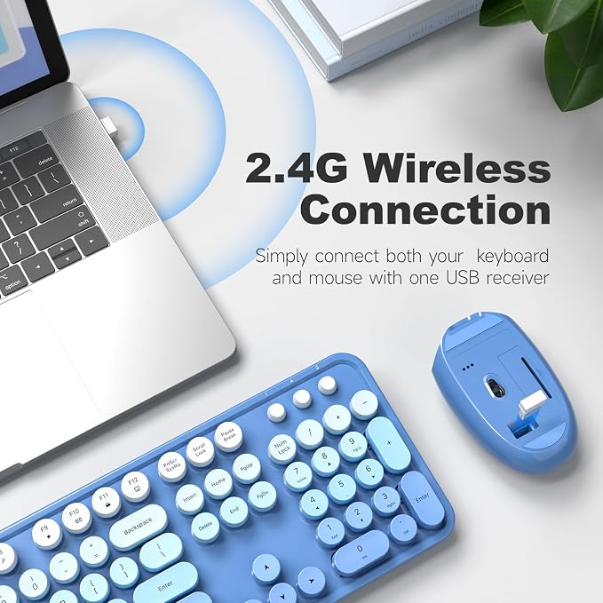 Wireless Keyboard and Mouse Combo, MOWUX Full Size Typewriter Retro Round Computer Keyboard, Cute Optical Mouse Wireless, Plug and Play, for Laptop, PC, Computer-Blue Gradient