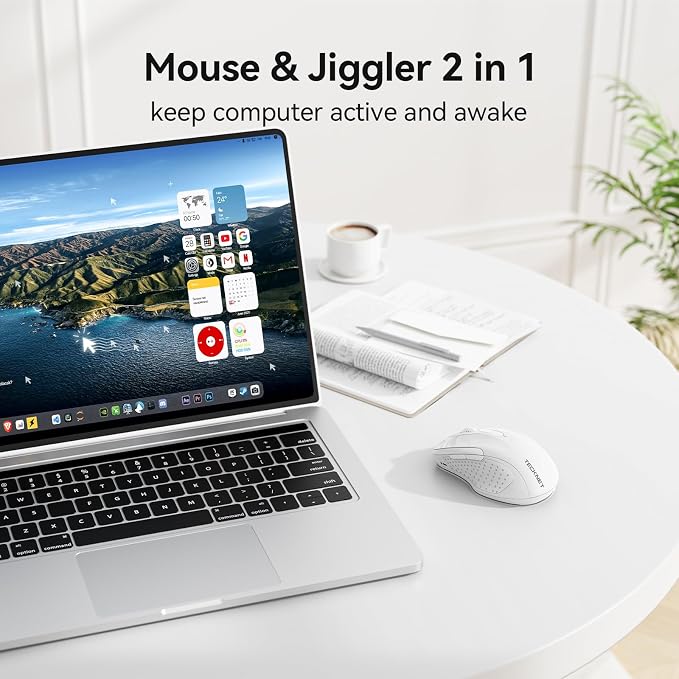 TECKNET Rechargeable Jiggler Wireless Mouse (BT5.0/3.0 & 2.4G) 4800 DPI Silent USB A & Bluetooth Mouse 6 Buttons, Wide Compatibility - White