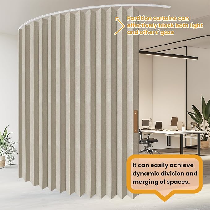JILRON Accordion Partition Curtain with Ceiling Track - Space-Saving Room Divider, Tool-Free Installation(Off-White 100" W x 84" L-Pack of 1)