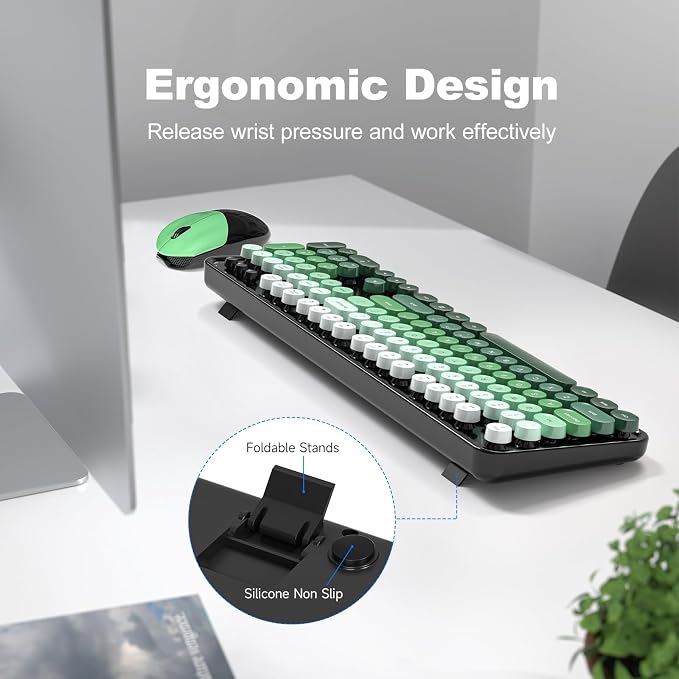 Wireless Keyboard and Mouse Combo, 2.4GHz Retro Full-Size Typewriter Keyboard with Number Pad and Wireless Mouse for PC/Laptop/Desktop/Windows (Black Green)